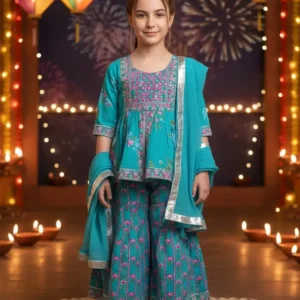 Royal Aqua Blue Cotton Sharara Set for Girls with Dupatta