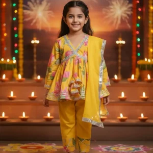Sunshine Bloom Yellow Alia Cut Kurti Set with Dupatta for Girls