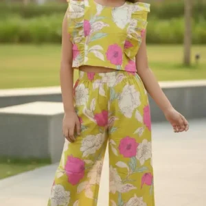 Green Floral Frill Cotton Co-Ord Set for Girls