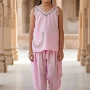 Girls Pink Cotton Silk Dhoti Set with Gota Patti Work
