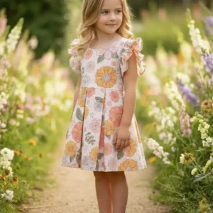 Blossom Charm Cream Floral Hakoba Cotton Frock for Girls