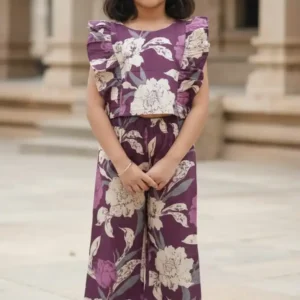 Wine Floral Frill Cotton Co-Ord Set for Girls