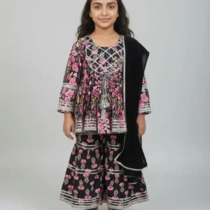 Midnight Bloom Black Floral Sharara Set with Dupatta for Girls