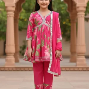 Blush Bloom Pink Alia Cut Kurti Set with Dupatta for Girls