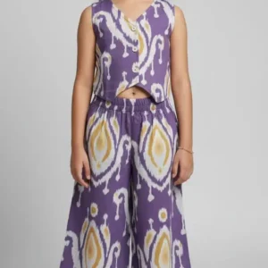 purple-ikat-print-cotton-waistcoat-style-co-ord-set-for-girl