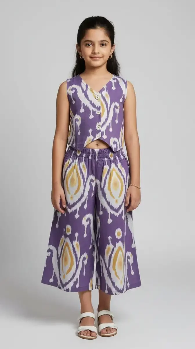 purple-ikat-print-cotton-waistcoat-style-co-ord-set-for-girl