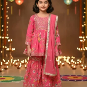 Royal Blossom Pink Ethnic Sharara Set with Dupatta for Girls