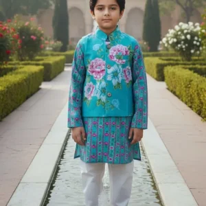 Boys Blue Floral Kurta Set with Jacket (Premium Cotton)