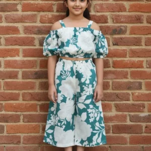 Green Floral Off-Shoulder Cotton Co-Ord Set for Girls