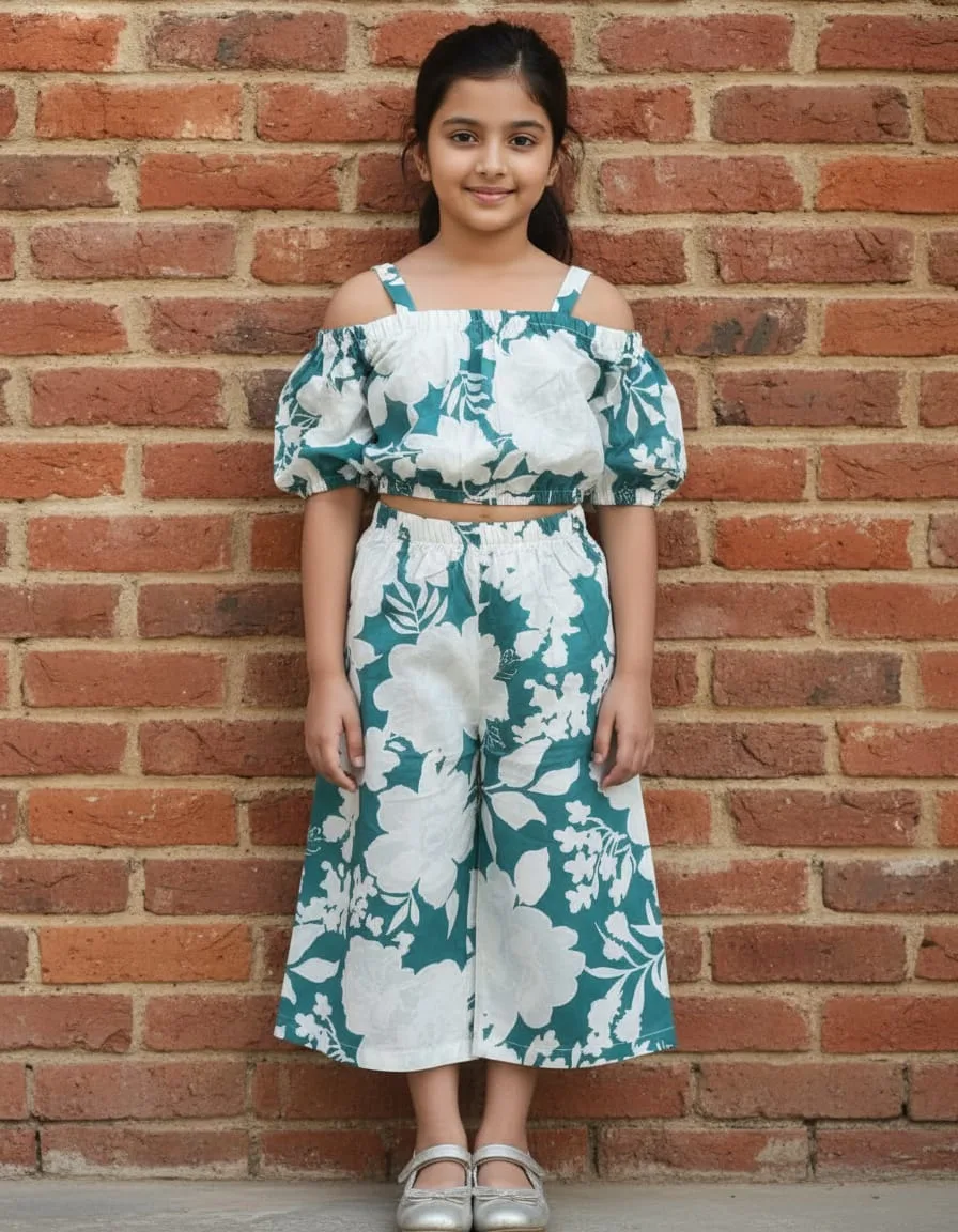 green-floral-off-shoulder-cotton-co-ord-set-for-girls