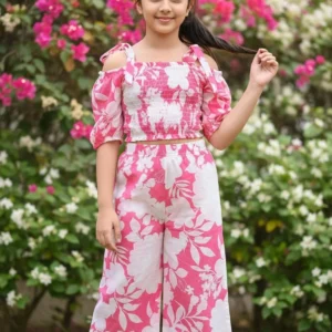 Pink Floral Off-Shoulder Cotton Co-Ord Set for Girls