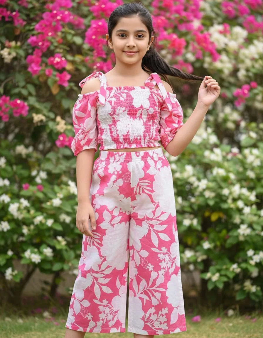 pink-floral-off-shoulder-cotton-co-ord-set-for-girls