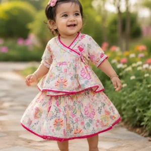 Floral Cotton Girls Lehenga Set with Pink Lace Detailing