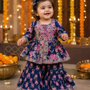 Navy Blue Floral Cotton Girls Sharara Set with Ethnic Embroidery