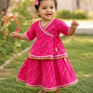 Pink Leheriya Print Girls Lehenga Set with Lace Detailing