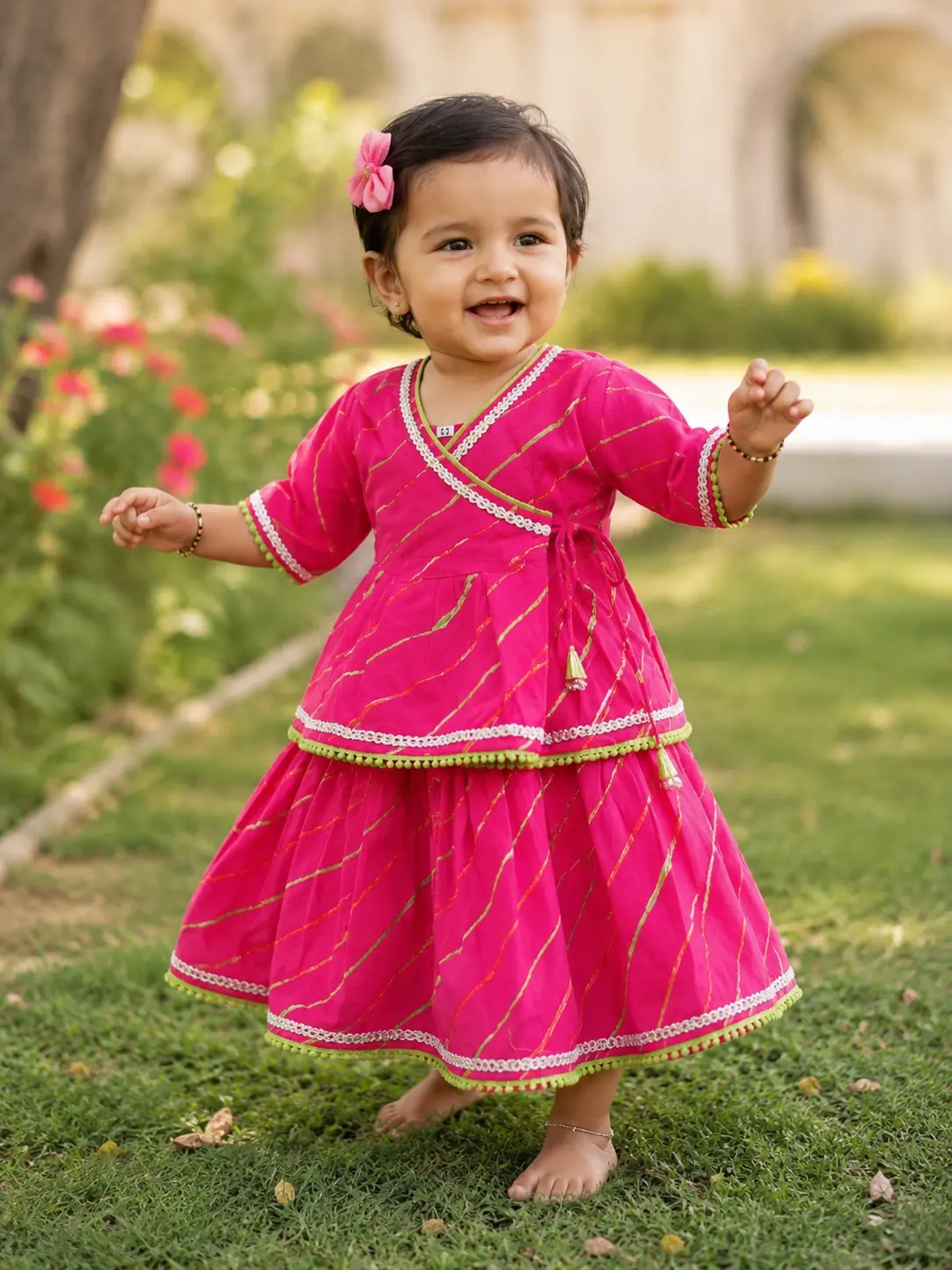 pink-leheriya-print-girls-lehenga-set-with-lace-detailing