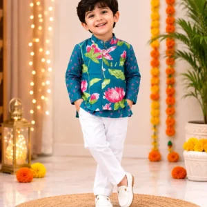 teal-floral-premium-cotton-3-piece-ethnic-set-for-boys