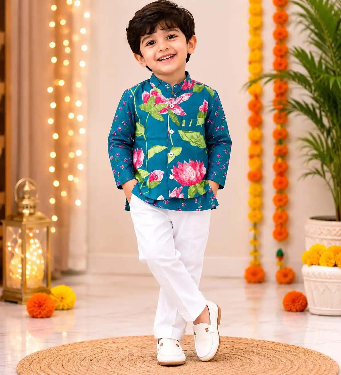 teal-floral-premium-cotton-3-piece-ethnic-set-for-boys