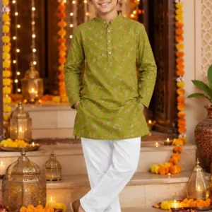 Olive Green Floral Printed Kurta Set for Boys with White Pants