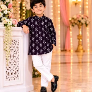 Deep Purple Ikat Printed Kurta Set for Boys with White Pants
