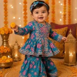 Festive Teal Floral Baby Girl Ethnic Dress Set
