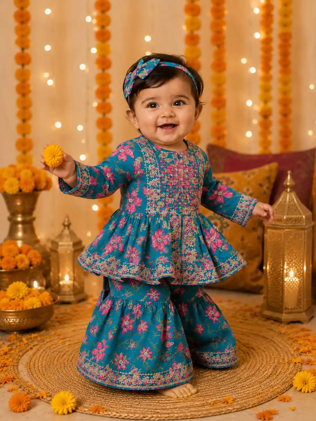 festive-teal-floral-baby-girl-ethnic-dress-set