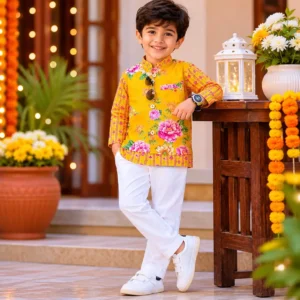 Sunshine Yellow Floral Premium Cotton 3-Piece Ethnic Set for Boys