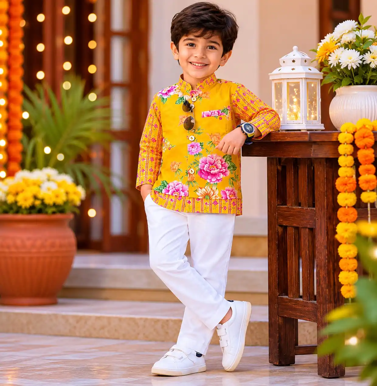 sunshine-yellow-floral-premium-cotton-3-piece-ethnic-set-for-boys