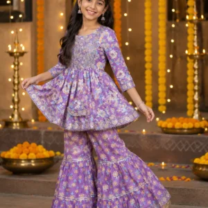Lavender Floral Cotton Girls Sharara Set with Elegant Embroidery