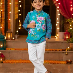 Turquoise Floral Premium Cotton 3-Piece Ethnic Set for Boys