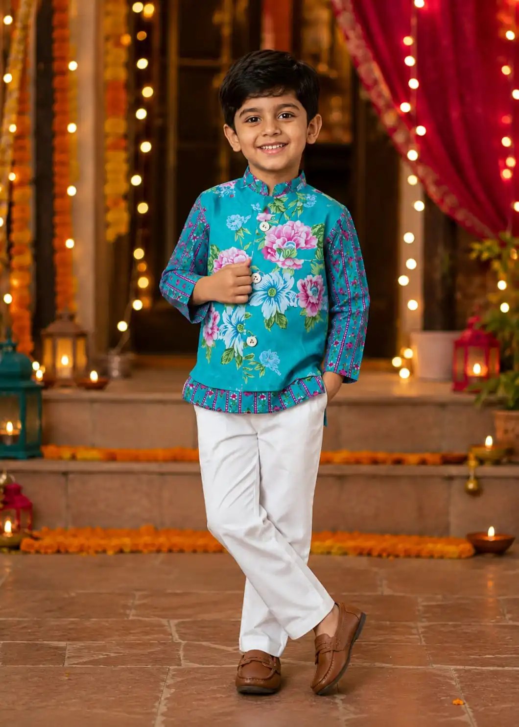 turquoise-floral-premium-cotton-3-piece-ethnic-set-for-boys