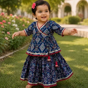 Navy Blue Printed Girls Lehenga Set with Tassel Detailing