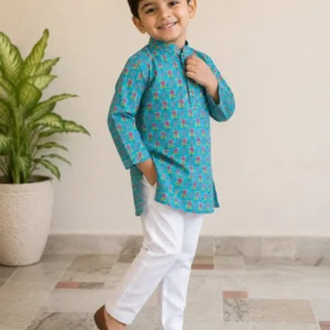 turquoise-floral-printed-kurta-set-for-boys-with-white-pants