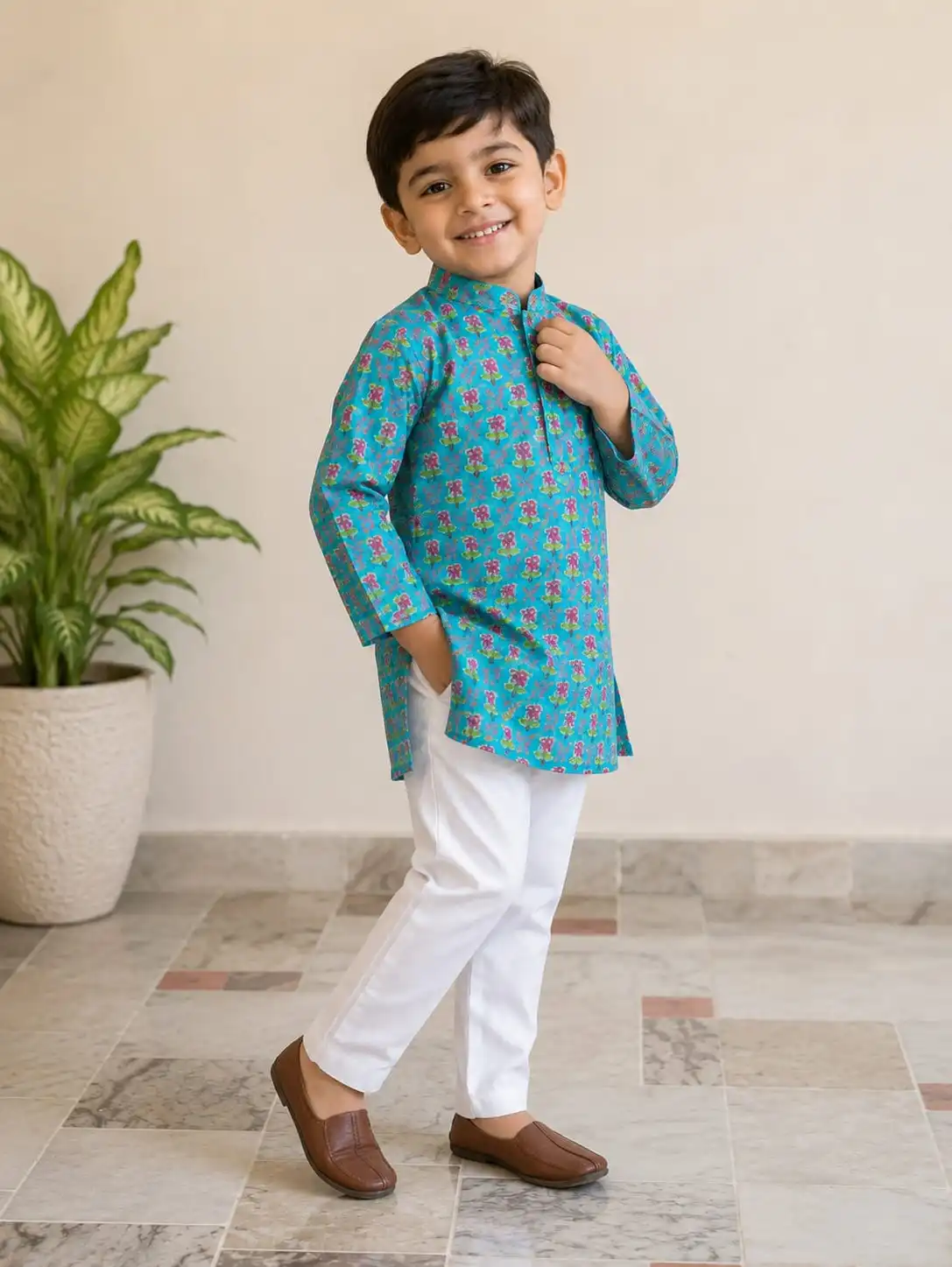 turquoise-floral-printed-kurta-set-for-boys-with-white-pants