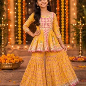 Sunshine Yellow Floral Cotton Girls Sharara Set with Ethnic Detailing