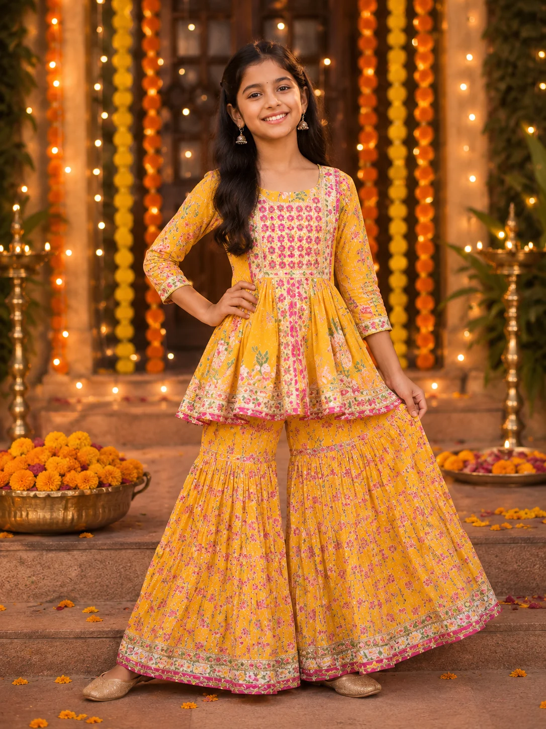 sunshine-yellow-floral-cotton-girls-sharara-set-with-ethnic-detailing