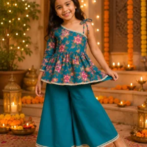 Girls Floral One-Shoulder Peplum & Palazzo Set – Premium Cotton Festive Wear