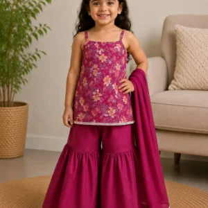 Girls Floral Printed Sharara Set with Dupatta – Festive Pink